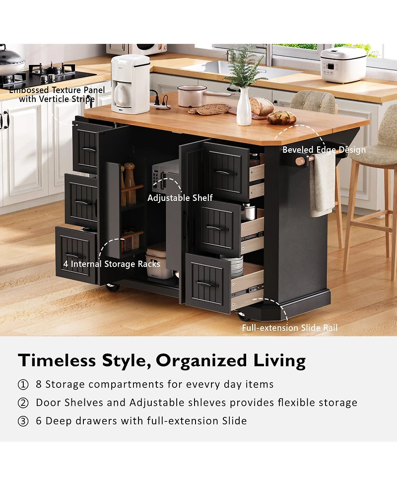 Casainc 56" Kitchen Island Cart, Drop Leaf, Power Outlet, 4 Shelves, 6 Drawers, Rubber Wood Veneer, Rolling for Dining Room