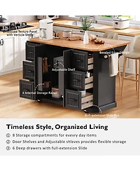Casainc 56" Kitchen Island Cart, Drop Leaf, Power Outlet, 4 Shelves, 6 Drawers, Rubber Wood Veneer, Rolling for Dining Room