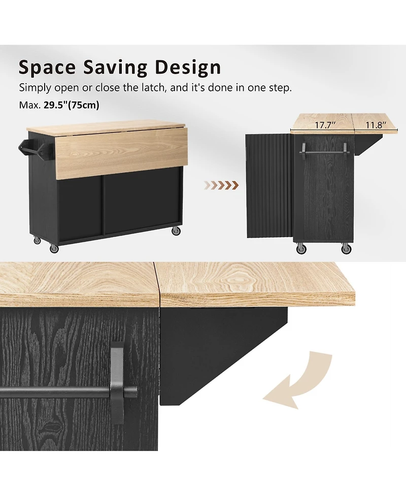 Casainc 51" Fluted Kitchen Island with Drop Leaf, Rolling Cart Internal Storage Rack and Towel Holder