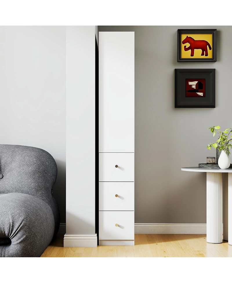 sumyeg 70.87" H Display Storage Cabinet with 4-Tier Shelves and 3 Side Drawers, Modern Wooden Tall Bookshelf for Home