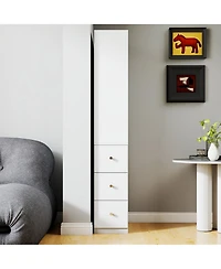 sumyeg 70.87" H Display Storage Cabinet with 4-Tier Shelves and 3 Side Drawers, Modern Wooden Tall Bookshelf for Home