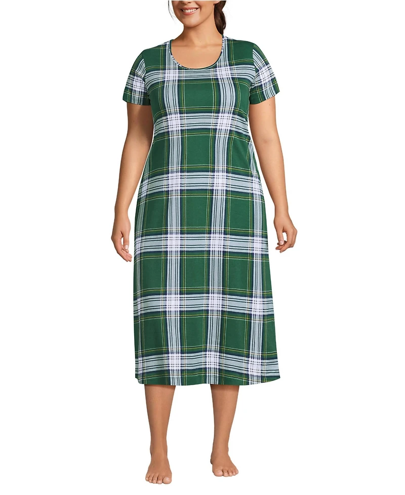 Lands' End Women's Plus Cotton Short Sleeve Midcalf Nightgown