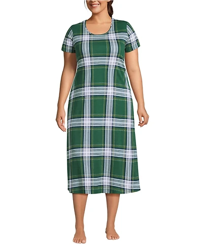 Lands' End Women's Plus Cotton Short Sleeve Midcalf Nightgown