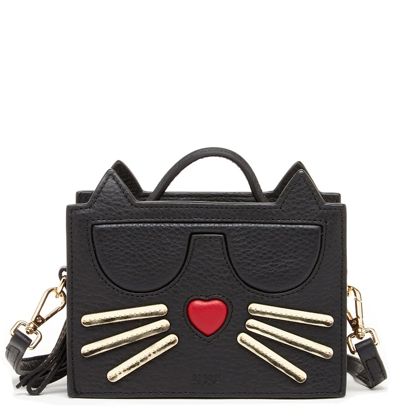 Pebble Leather Cat Crossbody Bag Cute Top Handle Purse Small Shoulder Handbag for Women & Girls with Gold Hardware and Detachable Strap