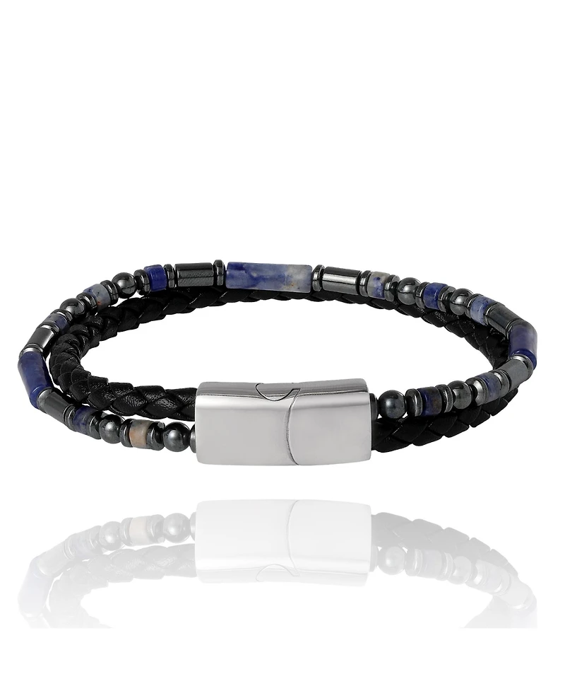 Lucky Brand Men s Braided Leather & Sodalite Bead 8.5'' Bracelet, Black/Blue, Magnetic Clasp