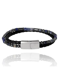 Lucky Brand Men s Braided Leather & Sodalite Bead 8.5'' Bracelet, Black/Blue, Magnetic Clasp