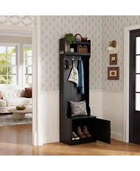 Clihome Slim Hall Tree with Cabinet and 6 Hooks, Minimalist Black Wood/Metal Foyer Organizer