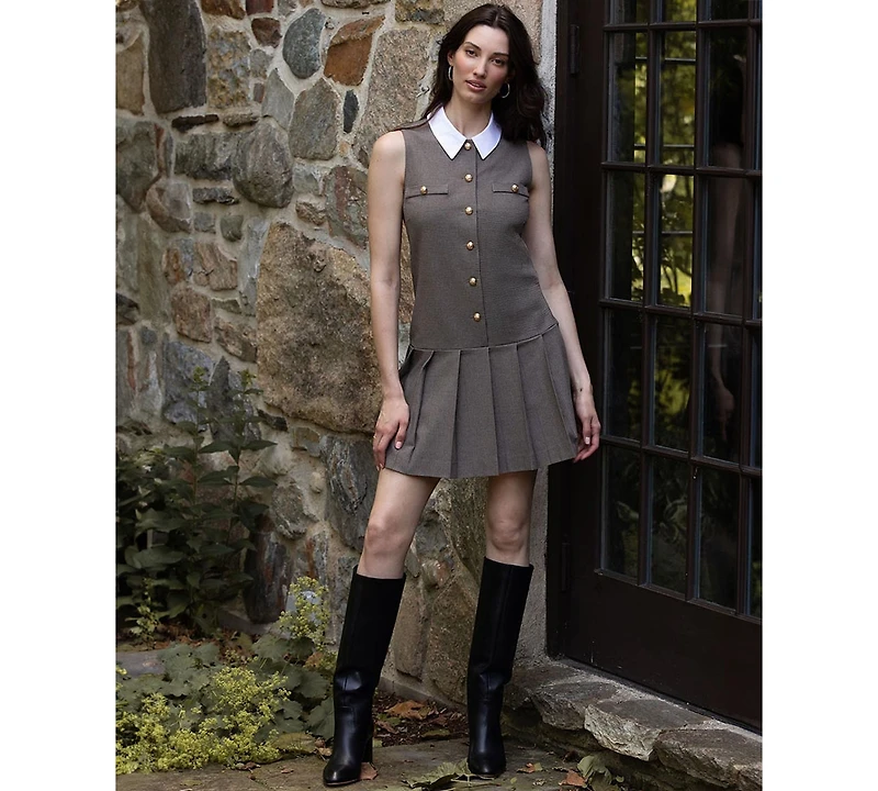 CeCe Women's Sleeveless Houndstooth Button Down Dress