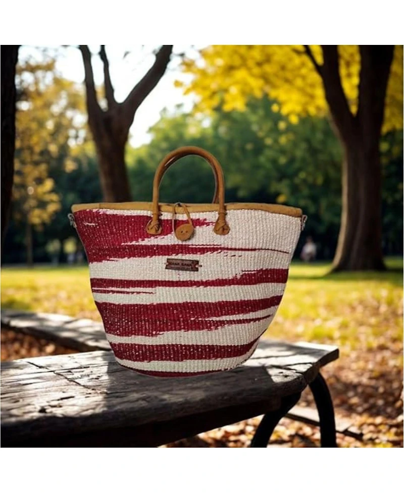 Sawa Sawa Crimson Courage Handwoven Red & White Sisal Straw Basket Tote