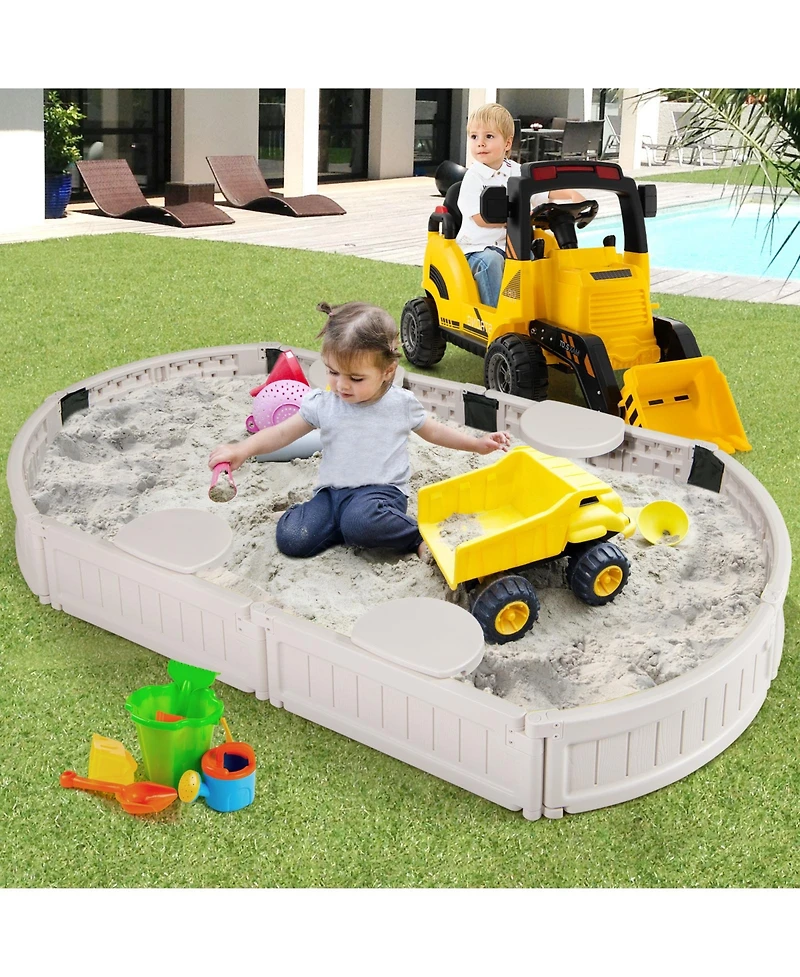 Skonyon 6 Feet Kids Oval Sandbox with Built-in Corner Seat and Bottom Liner