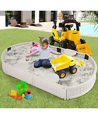 Skonyon 6 Feet Kids Oval Sandbox with Built-in Corner Seat and Bottom Liner