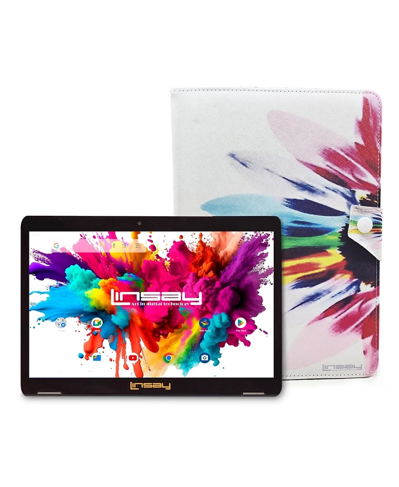 New Linsay 10.1" Tablet 128GB with Flower Case with Super Screen Ips Quad Core 4GB Ram Android 14