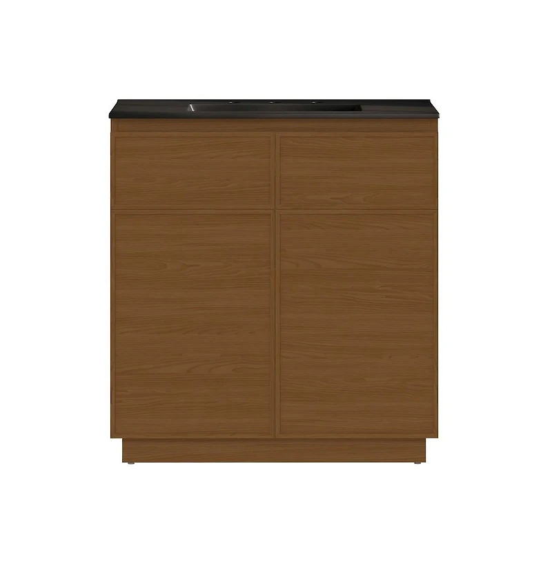 Swiss Madison 36" Freestanding Bathroom Vanity in Brown Oak, Black 3-Hole Widespread Sink Top