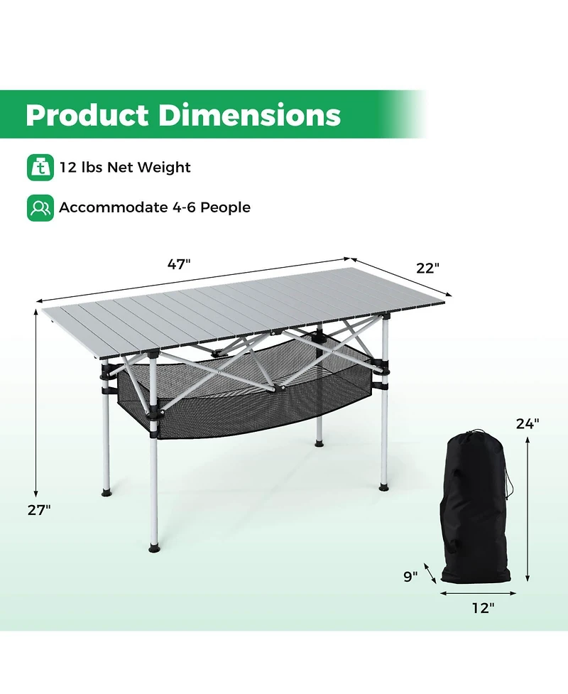 Costway Patio Folding Camping Table with Aluminum Roll-up Tabletop & Mesh Basket