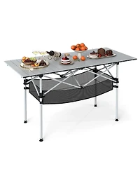 Costway Patio Folding Camping Table with Aluminum Roll-up Tabletop & Mesh Basket