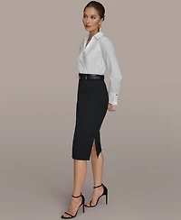 Donna Karan New York Women's V-Neck Belted Contrast Wrap Sheath Midi Dress