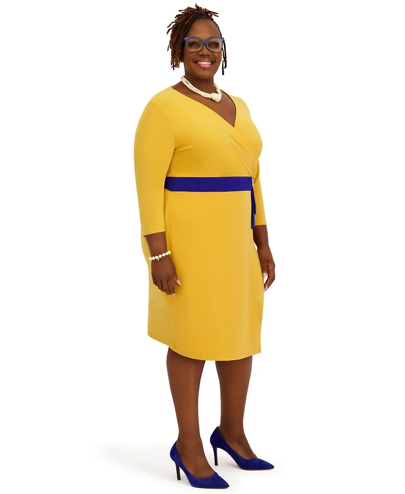 Kasper Women's V-Neck Knee Length Wrap Dress, Regular and Plus