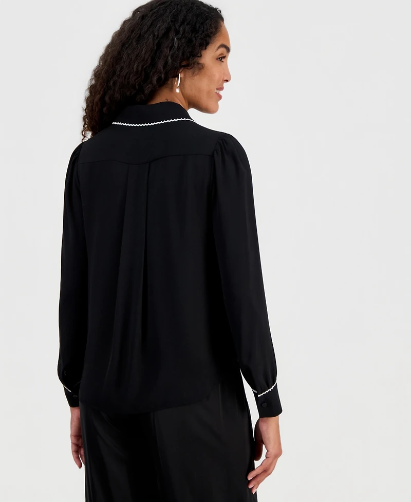 T Tahari Women's Contrast-Trim Button-Down Blouse