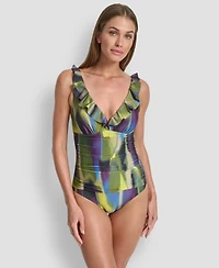 Dkny Ruffle Plunge Underwire Tummy Control One-Piece Swimsuit, Created for Macy's