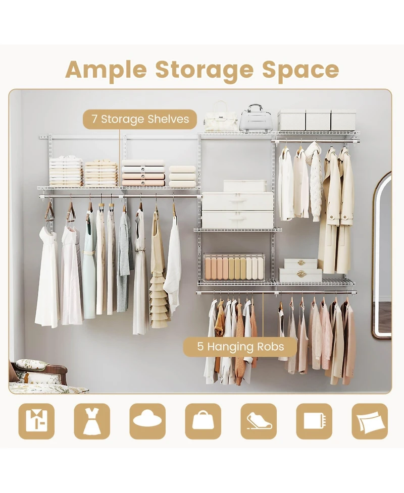 Costway 4-8 Ft Wall-Mounted Closet Organizers and Storage System with Hanging Rod