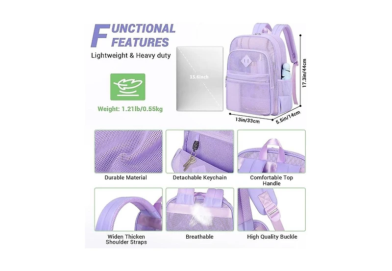 Batfox Mesh Backpack Heavy Duty, See Through School Backpack Transparent Bookbag for Swimming, Beach, Sports, Work, Travel