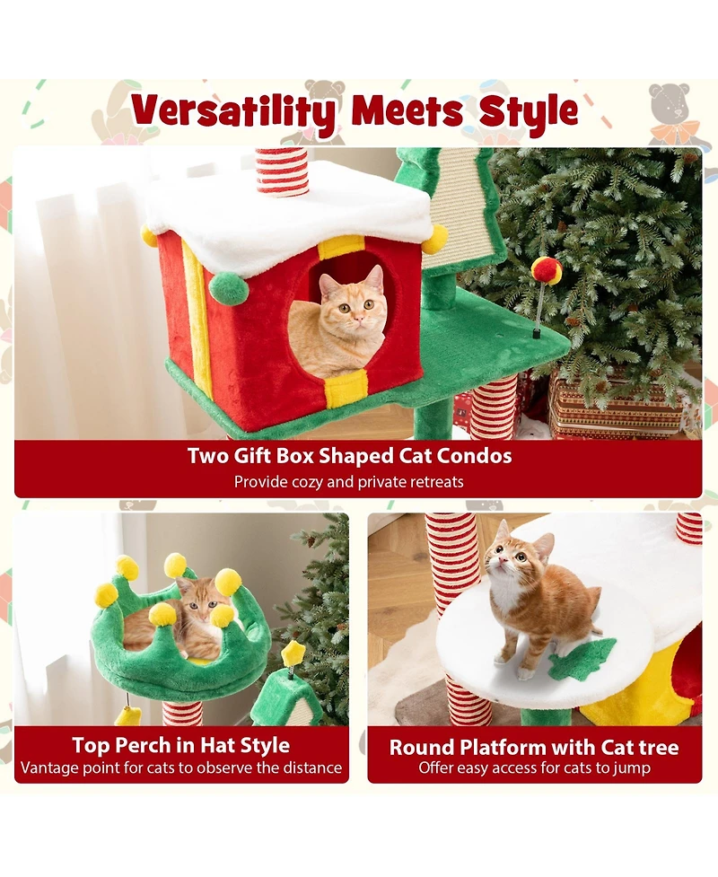 Skonyon 61" Christmas Cat Tree Tower – Plush Multi-Level Indoor Cat Furniture with Gift Box Condos, Hat Perch, Sisal Scratching Posts & Toys