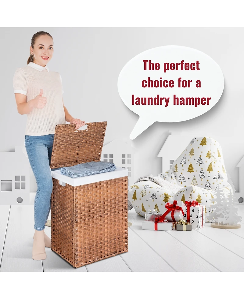 Lovmor Laundry Hamper With Lid Pe Rattan Powder Coating Frame Clothes Hampers with 01 Removable Bags, 100L