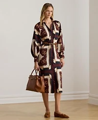 Lauren Ralph Lauren Womens Equestrian Print Twill Midi Shirt Dress