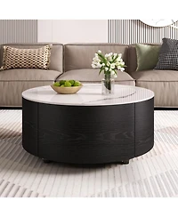 Streamdale Furniture Streamdale Modern Round Coffee Table with Casters & 2 Drawers Marble Top
