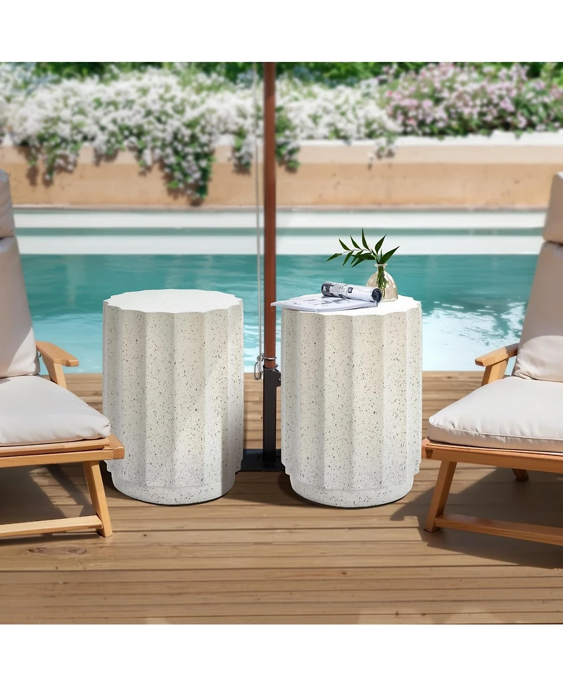 LuxenHome Off White with Gray Cement Fluted Round Indoor Outdoor Side and End Table