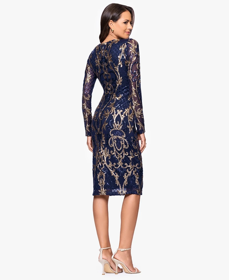 B&A By Betsy and Adam Petite Sequin Scoop Neck Long-Sleeve Dress