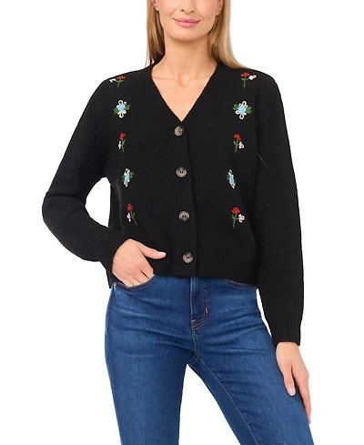 CeCe Women's Flower Embroidery Long-Sleeve Cardigan Sweater