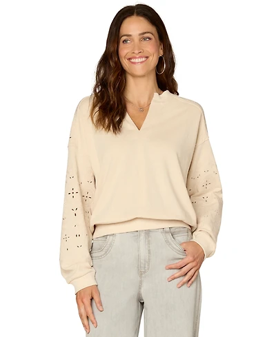 Democracy Petite V-Neck Die-Cut Embroidered Sweatshirt