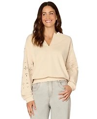 Democracy Petite V-Neck Die-Cut Embroidered Sweatshirt