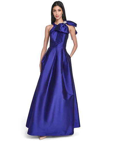 Eliza J Petite Bow-Trim Halter Ball Gown