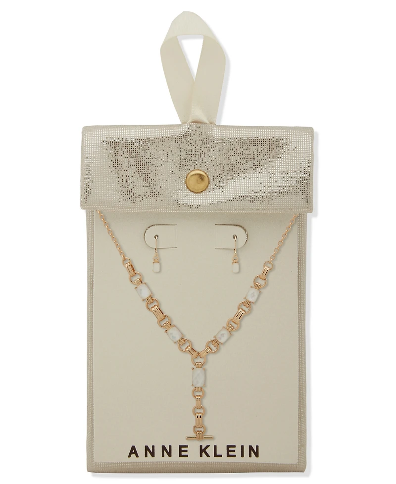 Anne Klein 2-Piece Plastic and Imitation Pearl Linked Stone Toggle Y-Necklace and Earrings Set