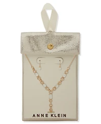 Anne Klein 2-Piece Plastic and Imitation Pearl Linked Stone Toggle Y-Necklace and Earrings Set