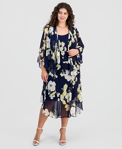 Robbie Bee Plus Floral Print Open-Front Chiffon Jacket Dress