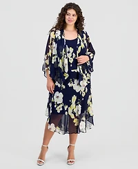 Robbie Bee Plus Floral Print Open-Front Chiffon Jacket Dress