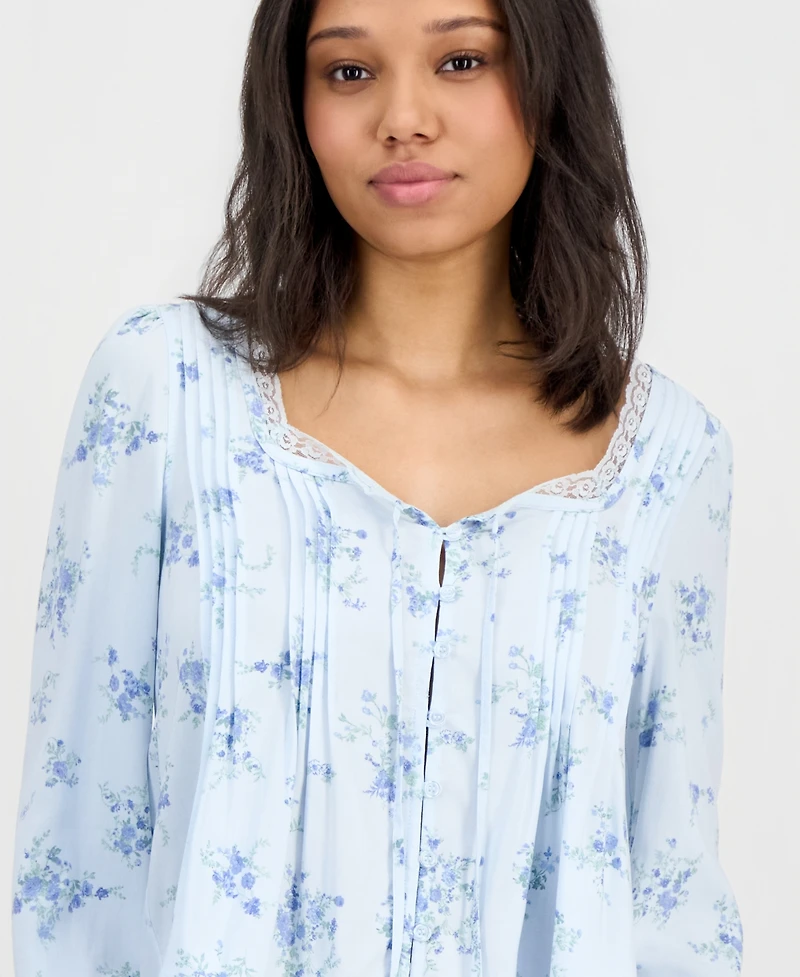 Hippie Rose Juniors' Lace-Trim Floral-Print Pintucked Top