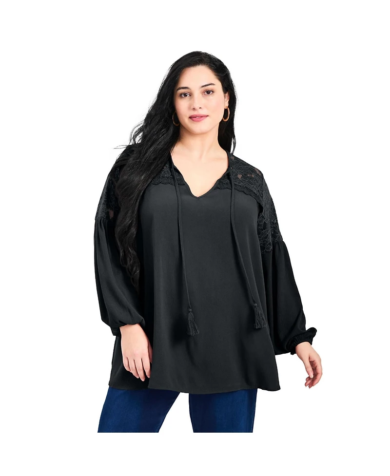 Avenue Women's Plus Marcie Lace Yoke Long Sleeve Top