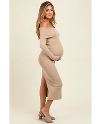 Pinkblush Maternity Beige Knit Off Shoulder Long Sleeve Midi Dress