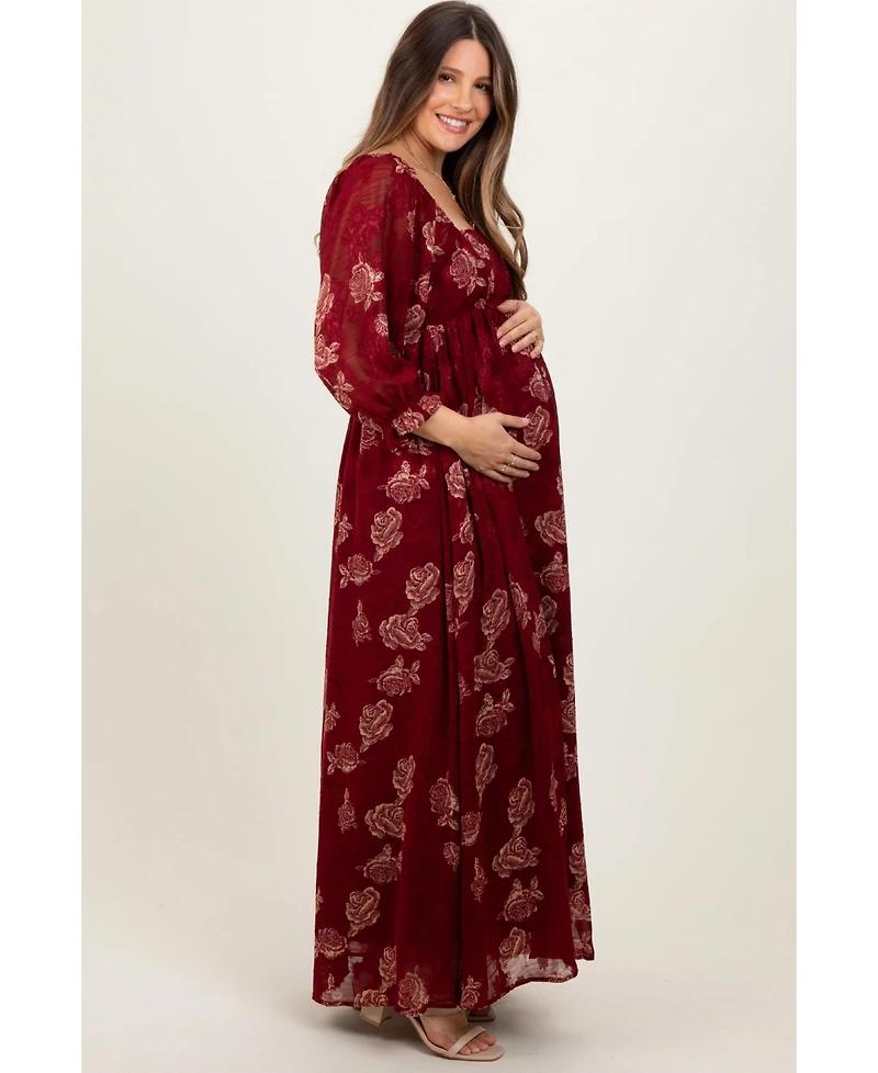Pinkblush Maternity Burgundy Multi Floral Textured Peasant Babydoll Maxi Dress