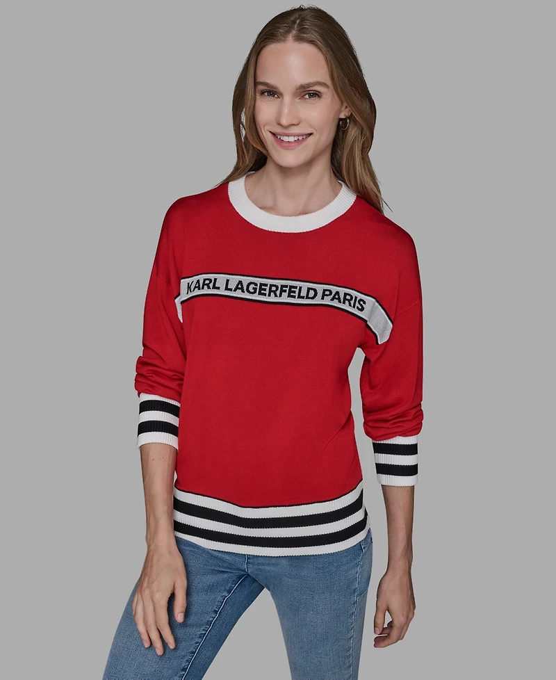 Karl Lagerfeld Paris Women's Crewneck Logo Striped Sweater