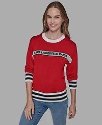 Karl Lagerfeld Paris Women's Crewneck Logo Striped Sweater