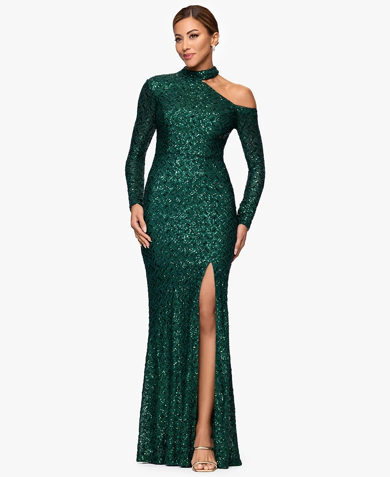 Xscape Women's Long-Sleeve Sequined Long Dress