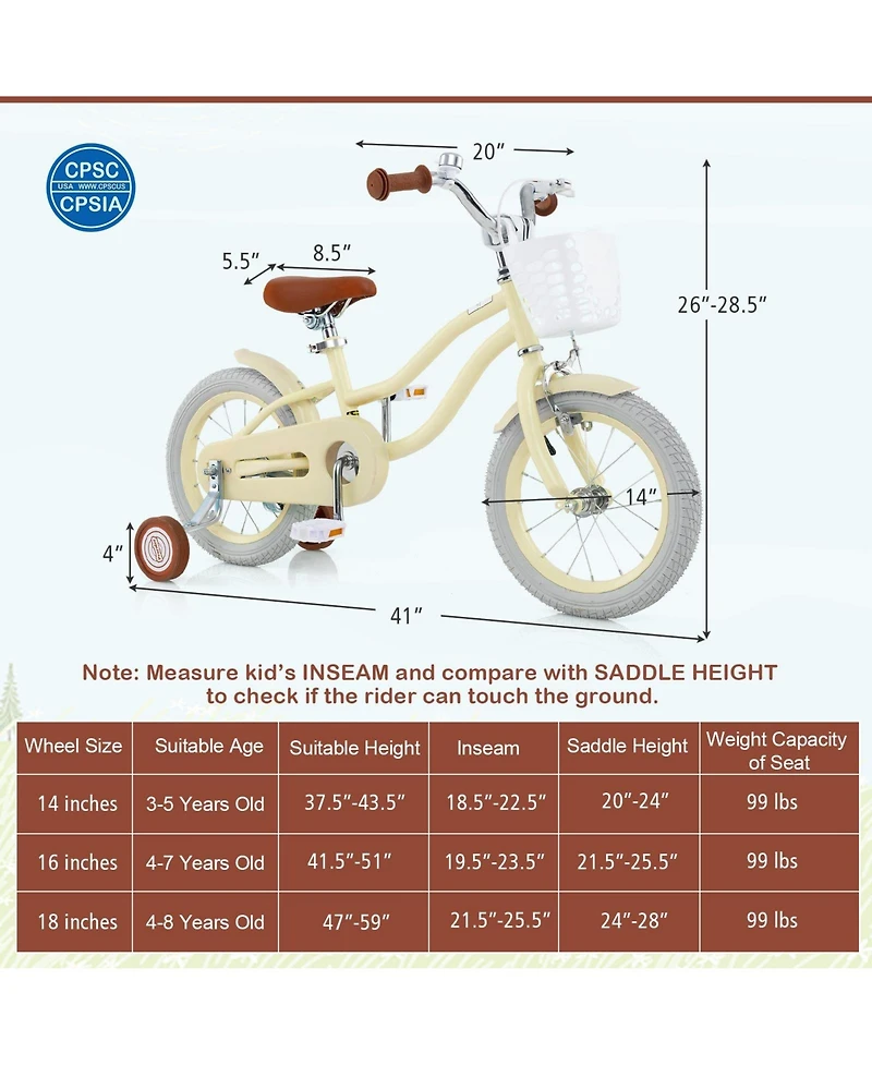 Sugift 14 Inch Kids Bike Adjustable with Training Wheels Ages 3-8 Years Olds-14 inches