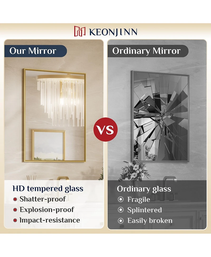 Keonjinn 24x32 Inch Brushed Gold Bathroom Vanity Mirror Metal Framed Over Sink Wall Mirror Horizontal/Vertical