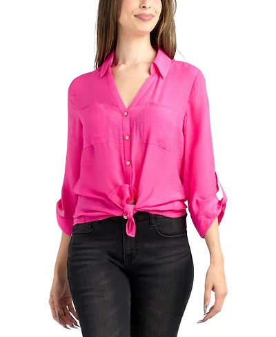 Bcx Women's Resort Gauzy Texture Collared Button Up Shirt