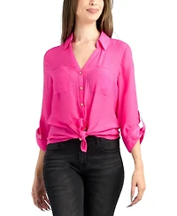 Bcx Women's Resort Gauzy Texture Collared Button Up Shirt